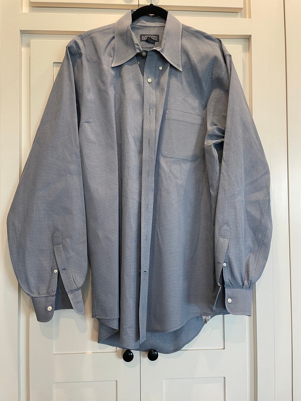 Land's End Men's Button up 16 1/2   tall  37  Blue check 100% Cotton